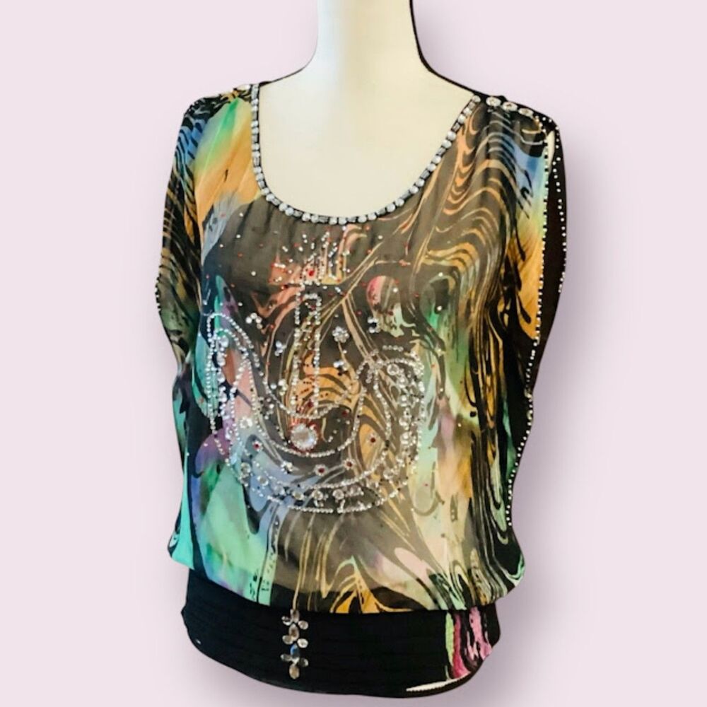CC Sheer‎ Beaded Colorful Scoop Neck Sleeveless Tunic Top in Black/multi Large